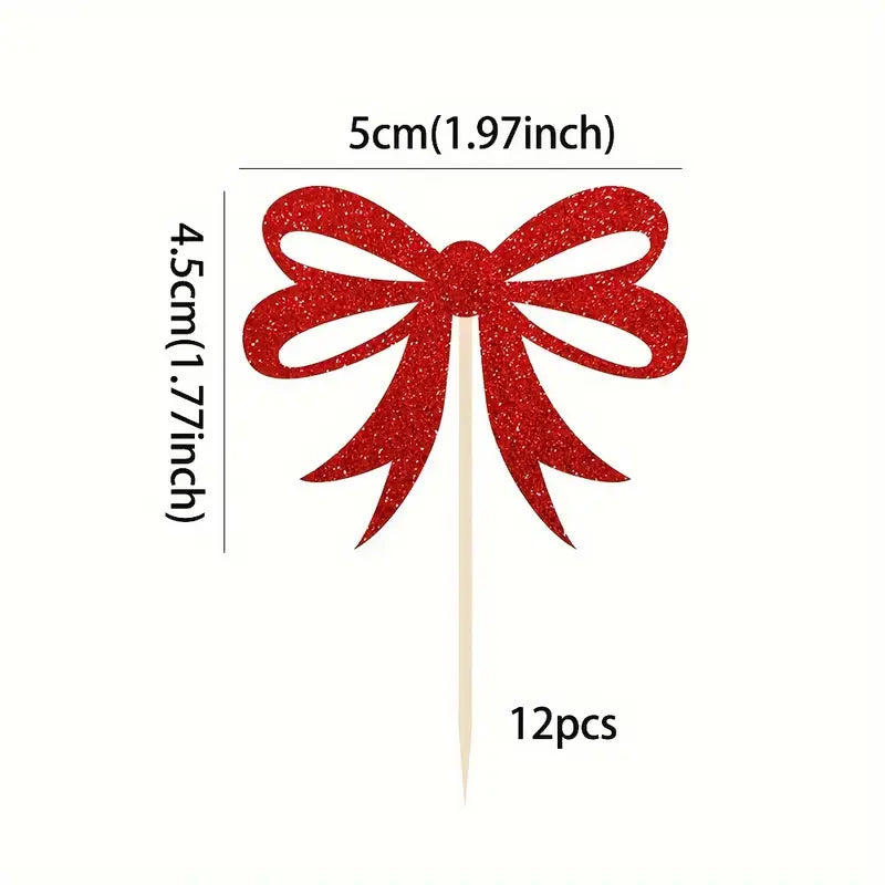 Red Glitter Christmas Bowknot Cupcake Toppers