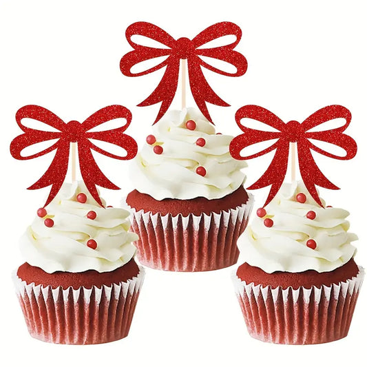 Red Glitter Christmas Bowknot Cupcake Toppers
